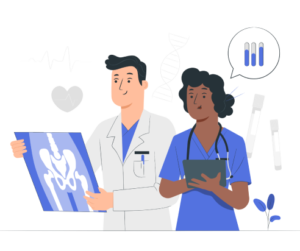 Providing Qualified Affordable Locums – xLocums Staffing Solutions - xLocums White male locum tenens doctor holding an X-ray of a pelvis alongside an African American female nurse with a stethoscope and chart, featuring a speaking caption bubble with three test tubes containing blue liquid – symbolizing xLocums' commitment to providing qualified and affordable locum tenens professionals.