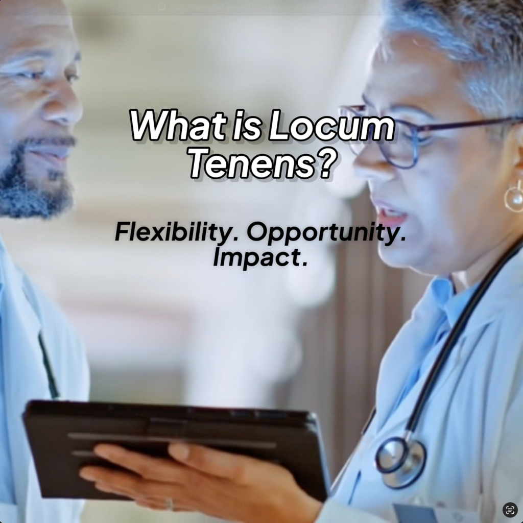 Male African American locum tenens doctor and female Hispanic locum tenens doctor in white lab coats reviewing an iPad together in a hospital hallway – representing teamwork and xLocums' focus on locum tenens staffing.