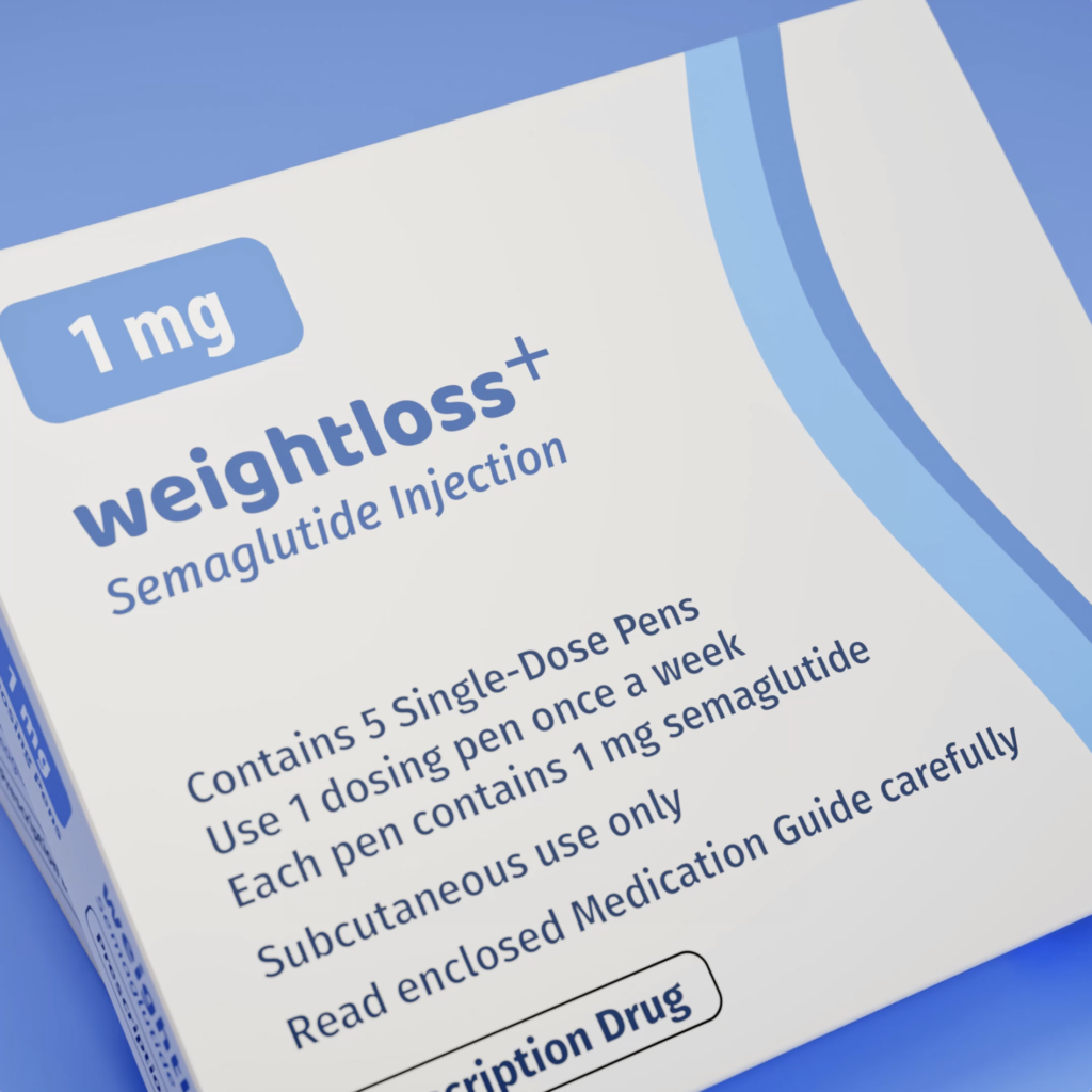 A close-up view of a semaglutide multidose injection pen box, showcasing its branding and design on a sleek blue background.