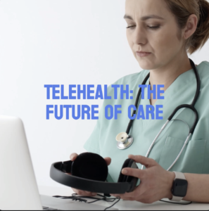 Female locum tenens physician holding headset, preparing for telehealth visit with xLocums staffing solution.